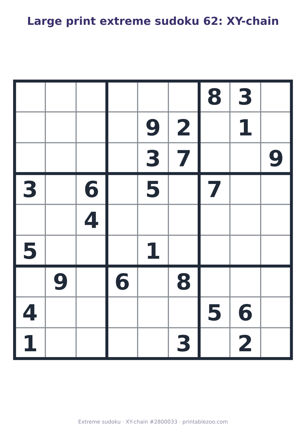 Large print extreme sudoku printable graded XY-chain, 24 clues, puzzle 2800033