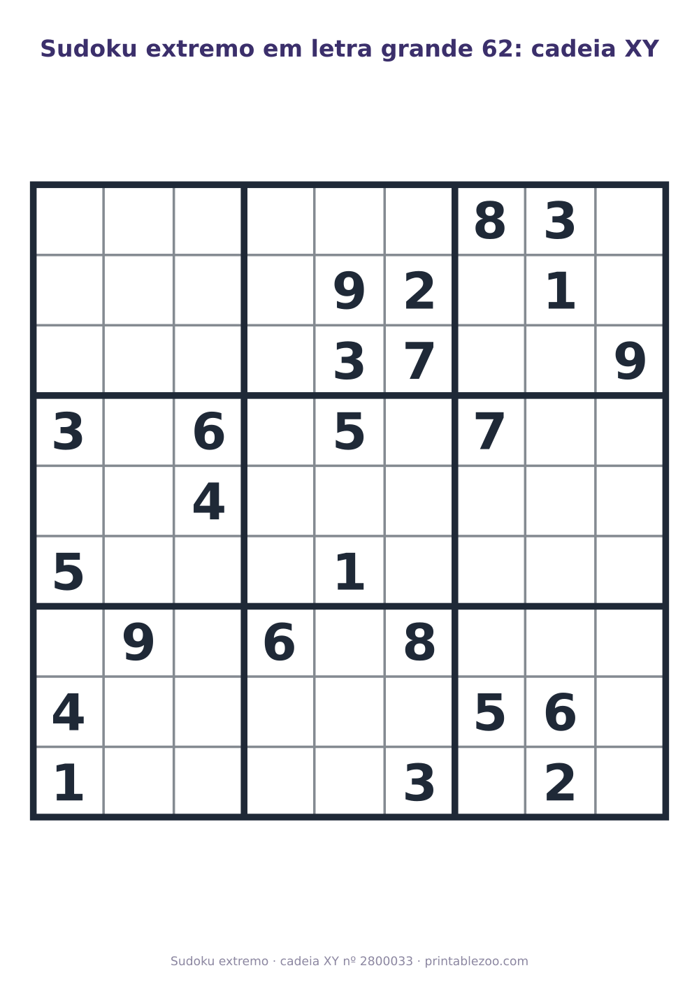 Sudoku extremo em letra grande para imprimir, nível cadeia XY, 24 pistas, desafio 2800033