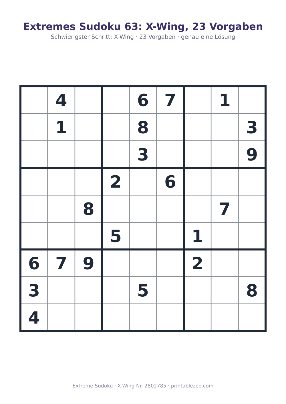 Extremes Sudoku zum Ausdrucken mit erklärtem Schlüsselschritt (X-Wing), 23 Vorgaben, Rätsel 2802785