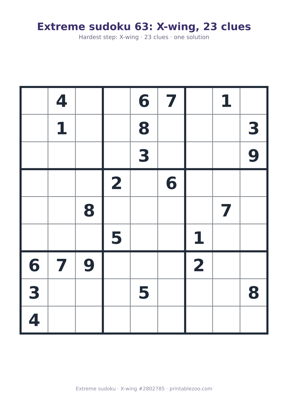Extreme sudoku printable with its key move (X-wing) explained, 23 clues, puzzle 2802785