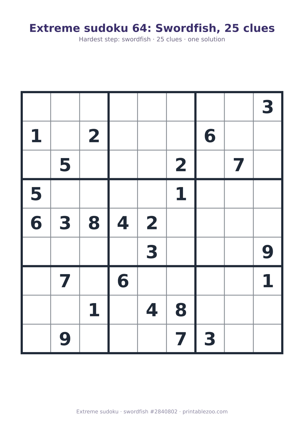 Extreme sudoku printable with its key move (swordfish) explained, 25 clues, puzzle 2840802