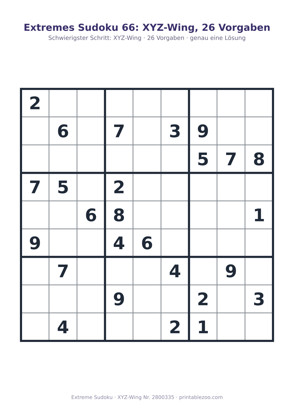 Extremes Sudoku zum Ausdrucken mit erklärtem Schlüsselschritt (XYZ-Wing), 26 Vorgaben, Rätsel 2800335
