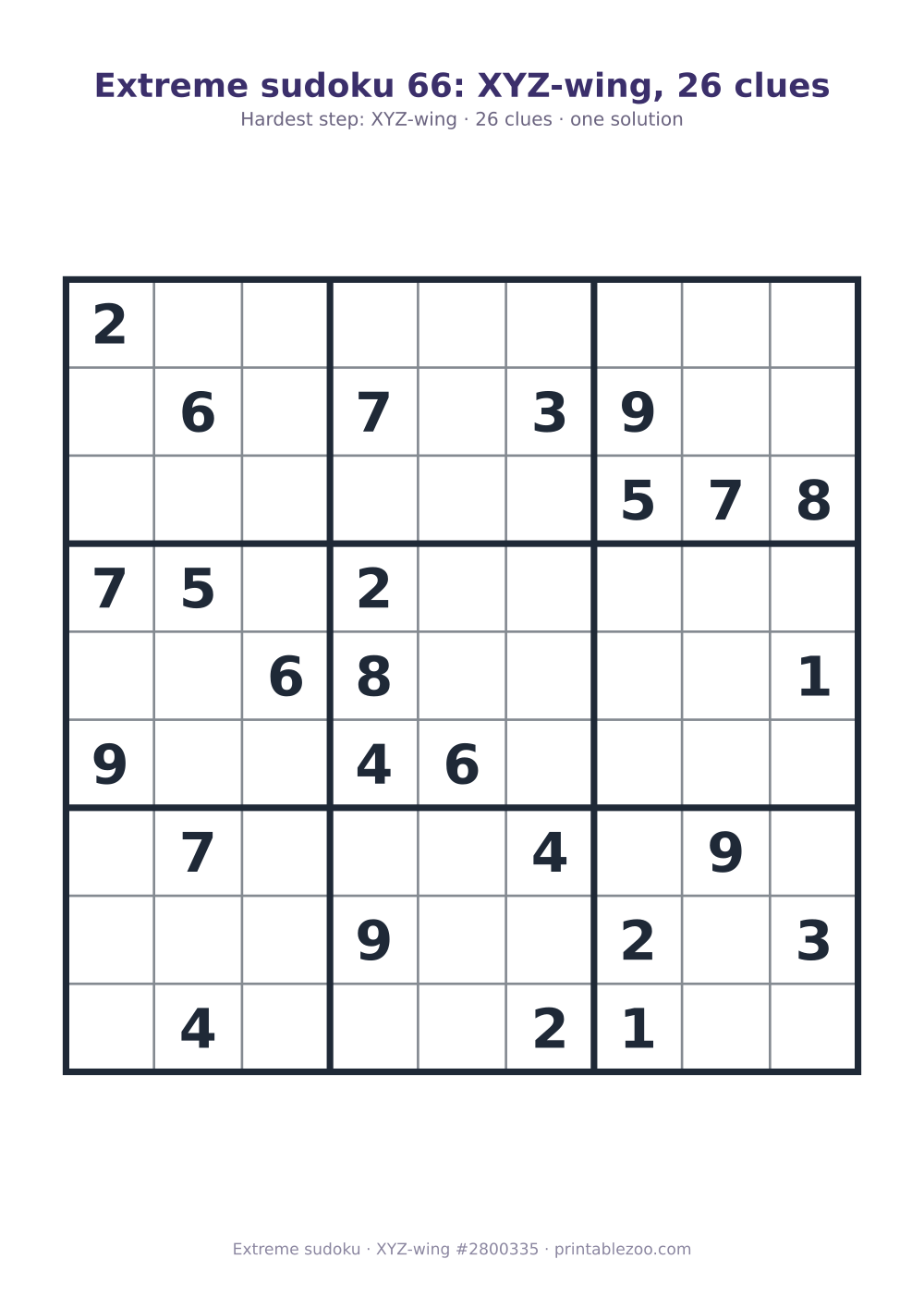 Extreme sudoku printable with its key move (XYZ-wing) explained, 26 clues, puzzle 2800335
