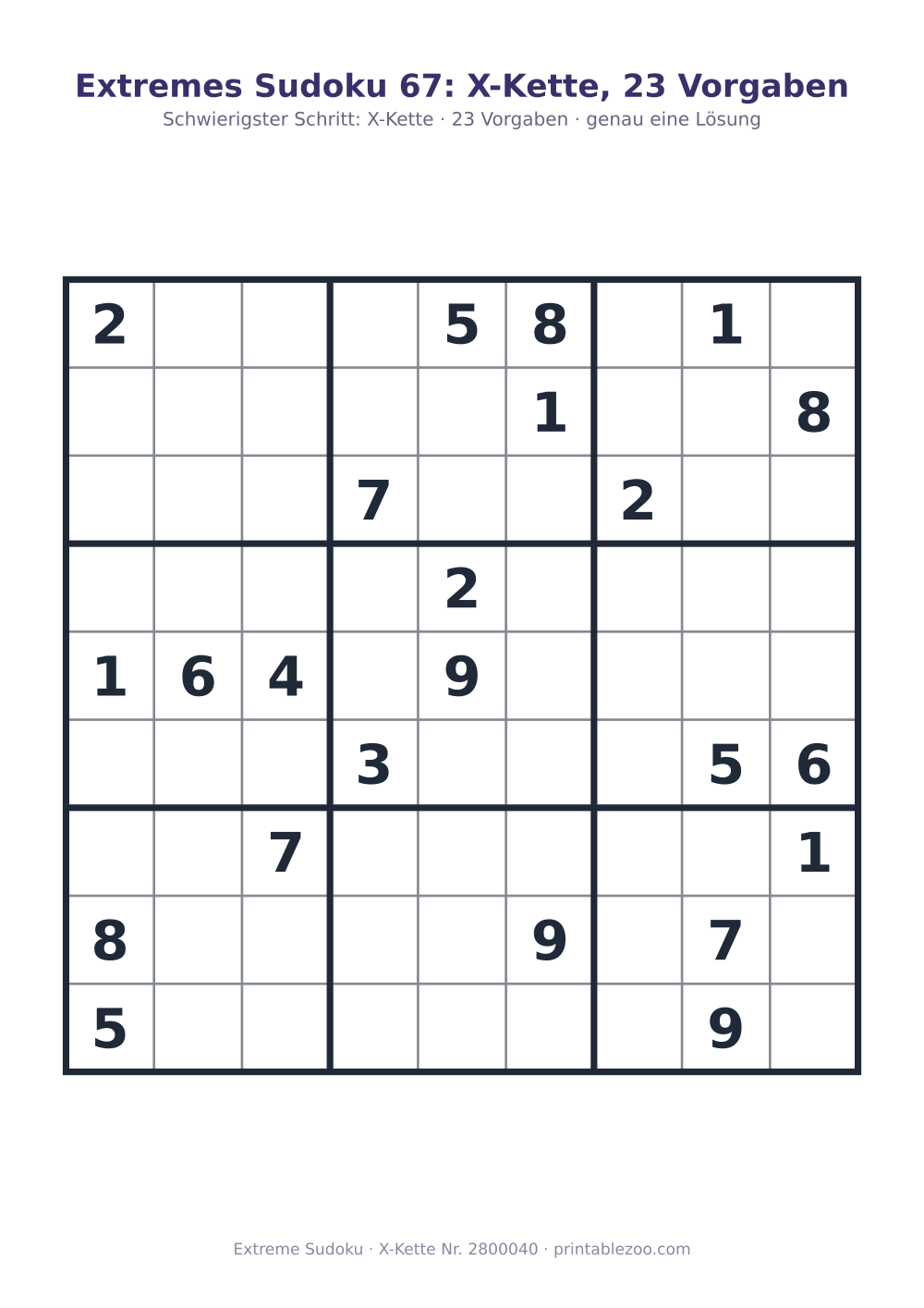 Extremes Sudoku zum Ausdrucken mit erklärtem Schlüsselschritt (X-Kette), 23 Vorgaben, Rätsel 2800040