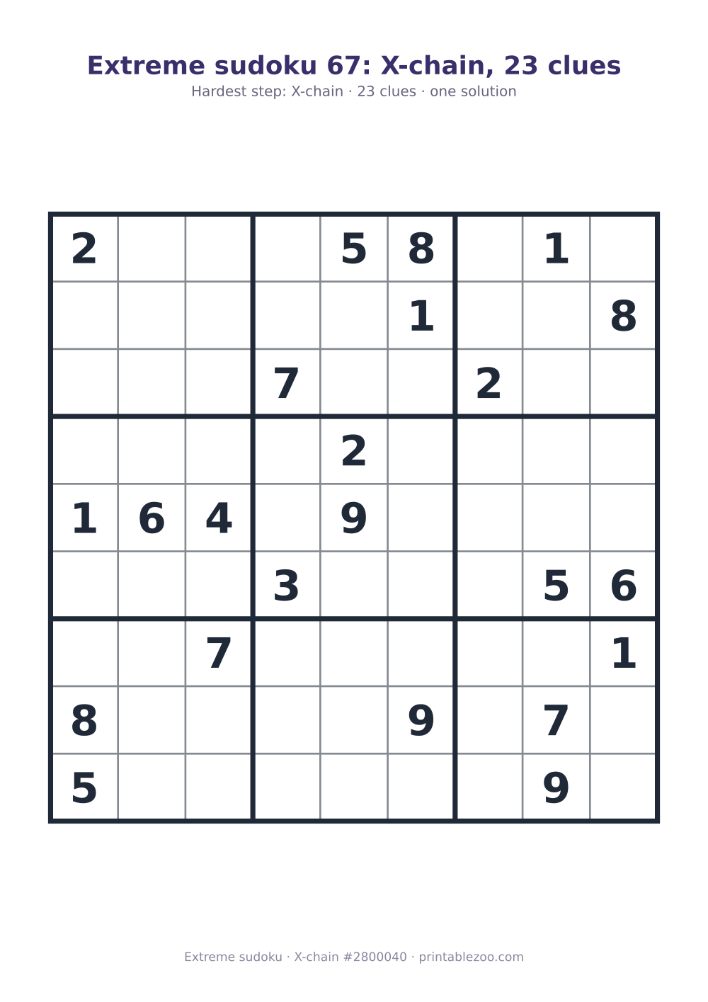 Extreme sudoku printable with its key move (X-chain) explained, 23 clues, puzzle 2800040