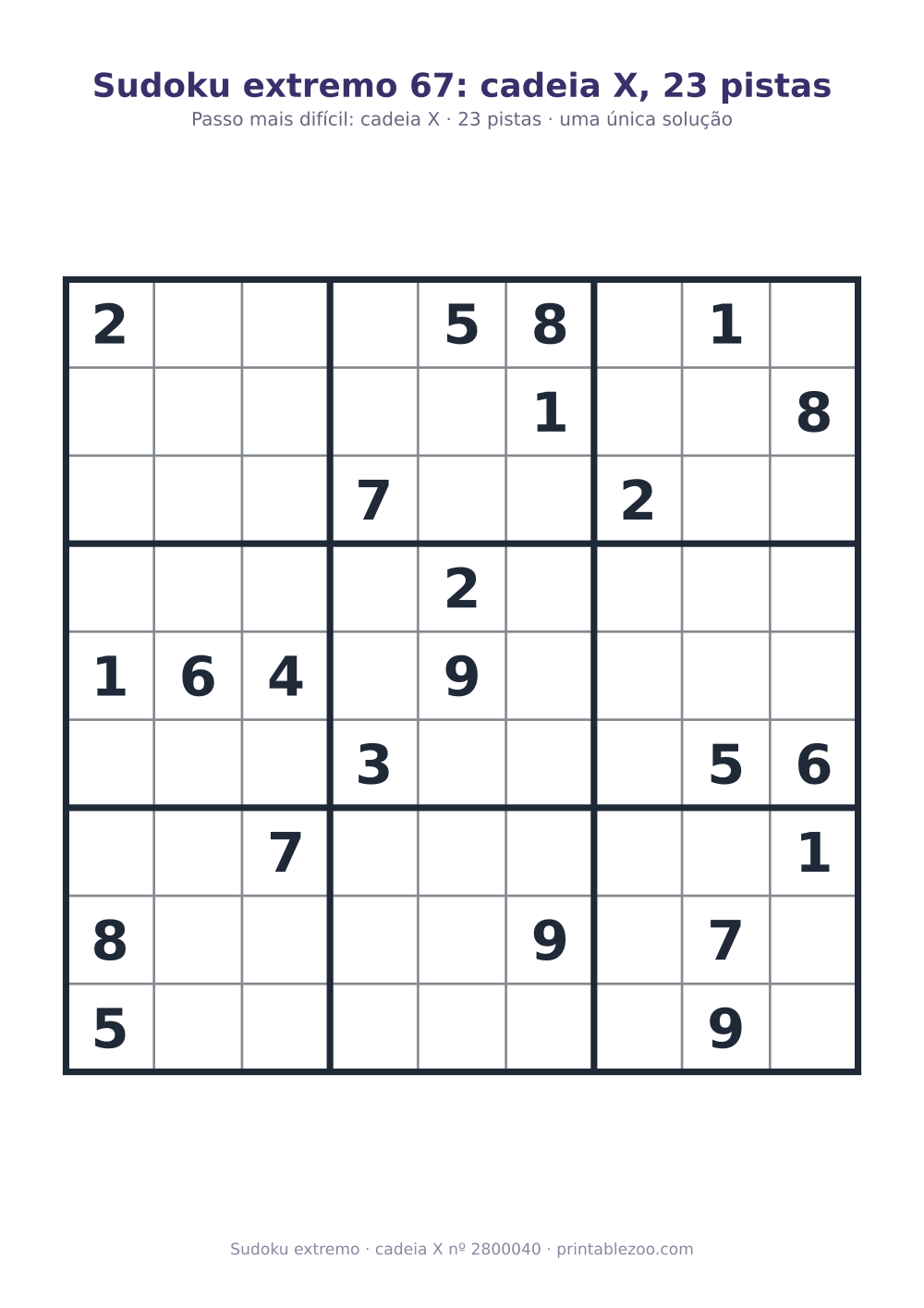Sudoku extremo para imprimir com o passo-chave (cadeia X) explicado, 23 pistas, desafio 2800040