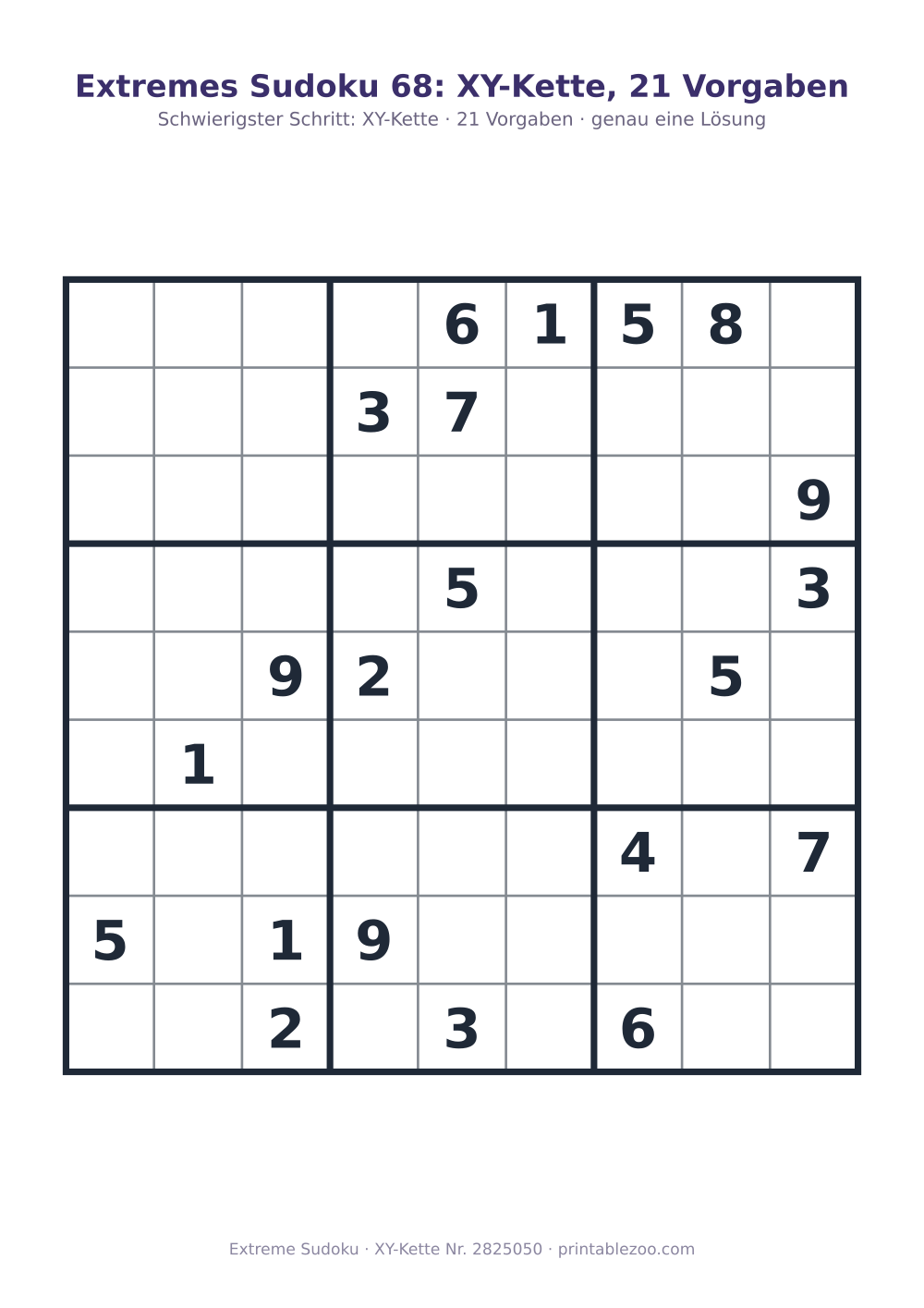 Extremes Sudoku zum Ausdrucken mit erklärtem Schlüsselschritt (XY-Kette), 21 Vorgaben, Rätsel 2825050