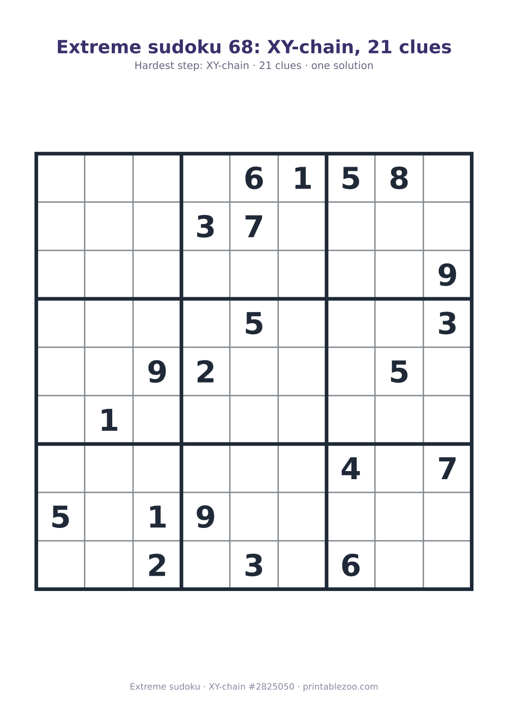 Extreme sudoku printable with its key move (XY-chain) explained, 21 clues, puzzle 2825050