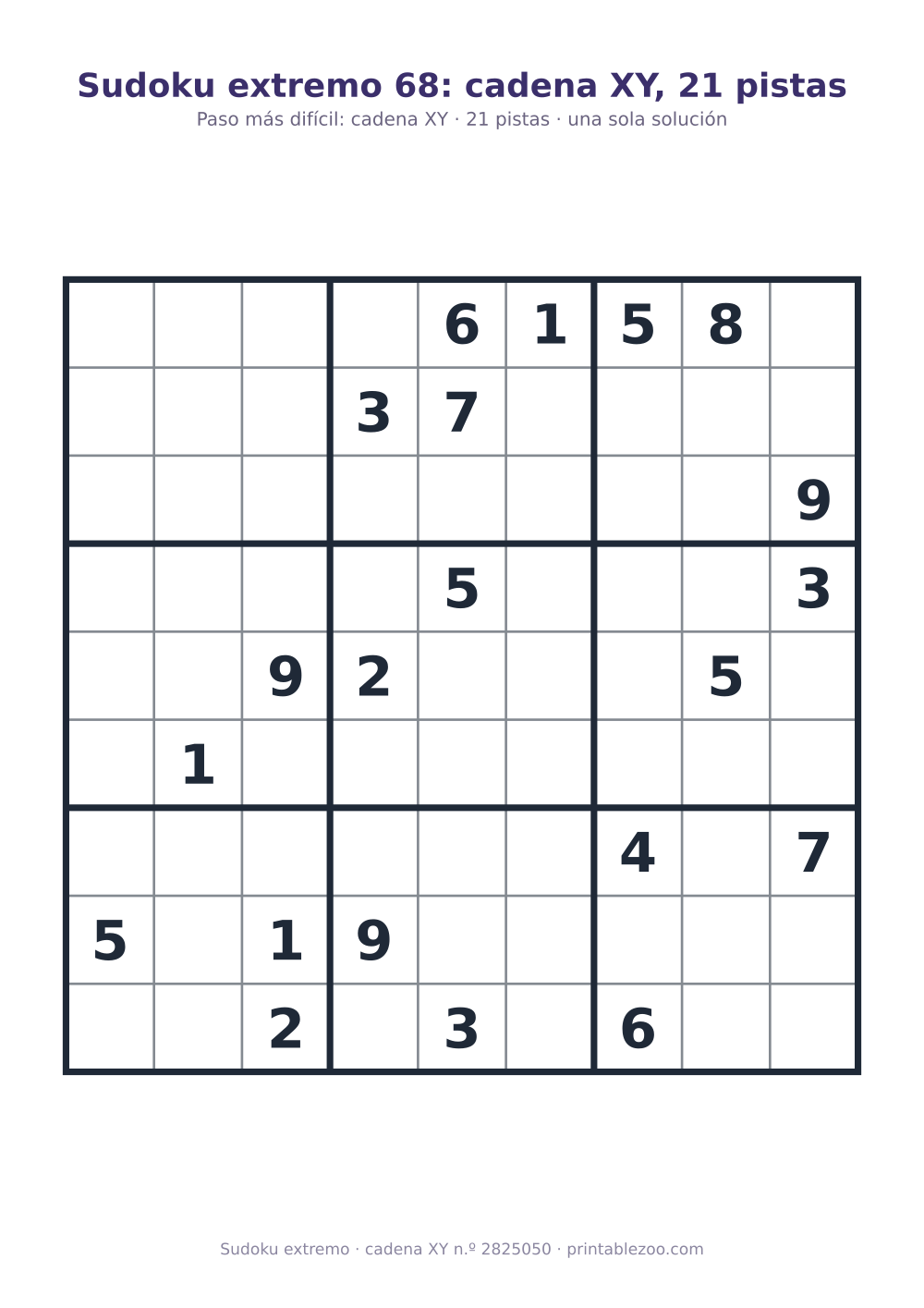Sudoku extremo para imprimir con el paso clave (cadena XY) explicado, 21 pistas, pasatiempo 2825050