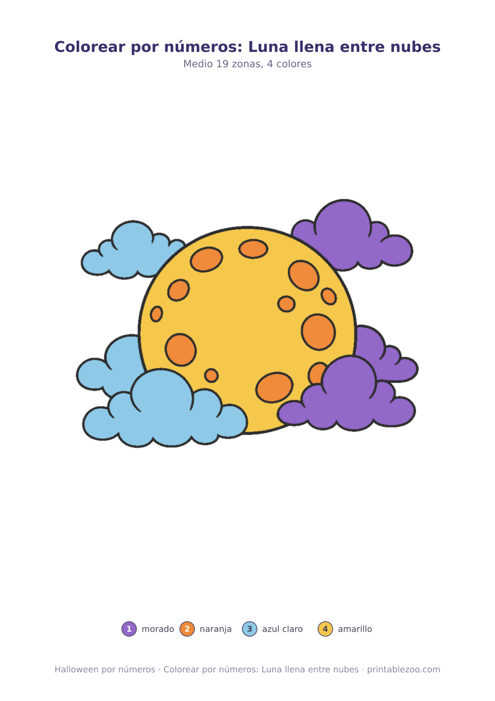 Colorear por números: Luna llena entre nubes