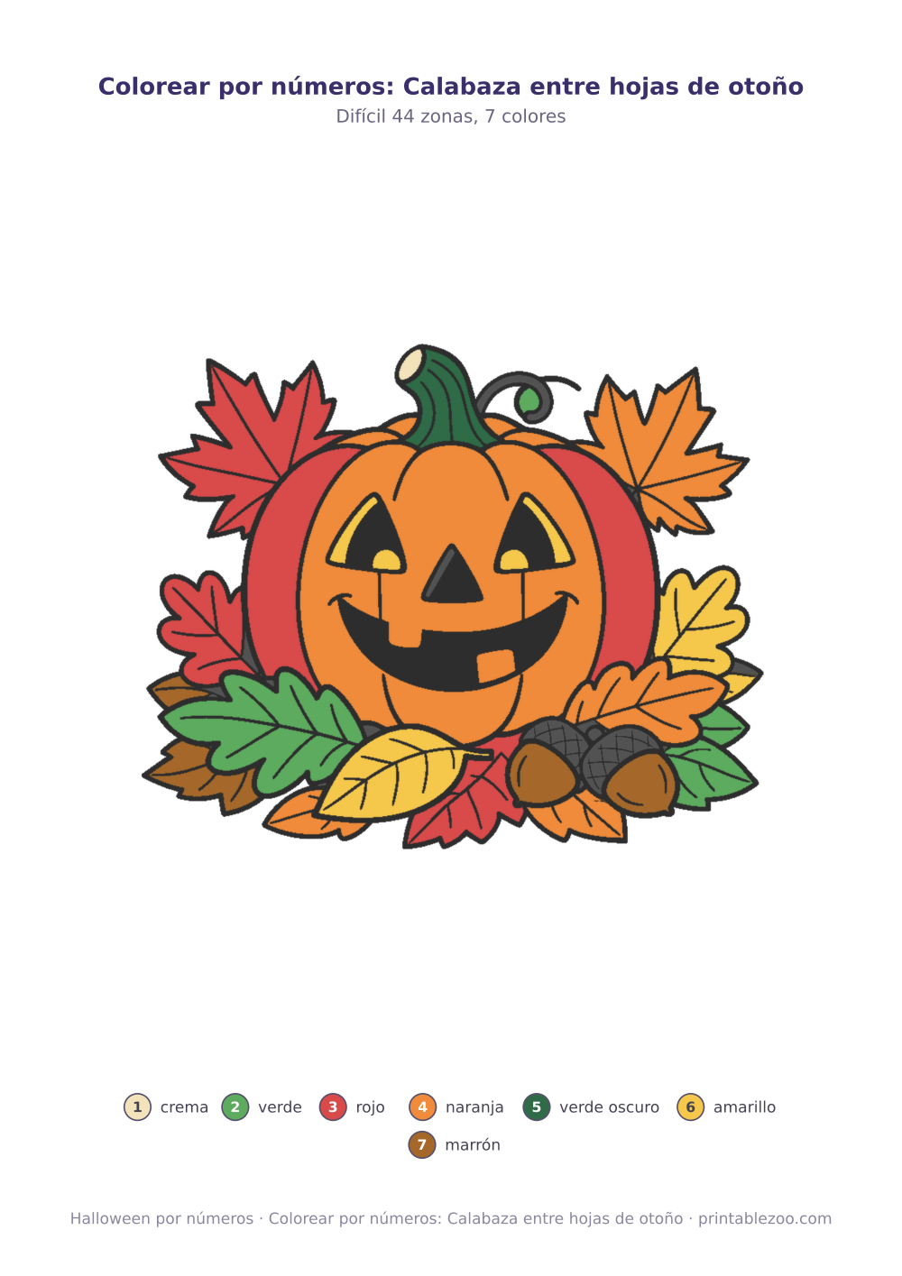Colorear por números: Calabaza entre hojas de otoño