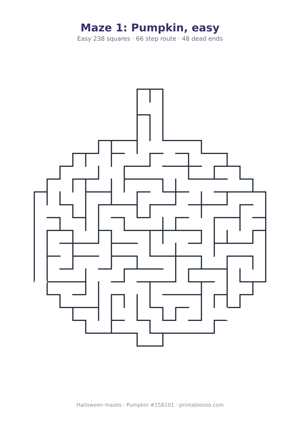 Printable pumpkin shaped maze, 238 squares and 48 dead ends, puzzle 158101