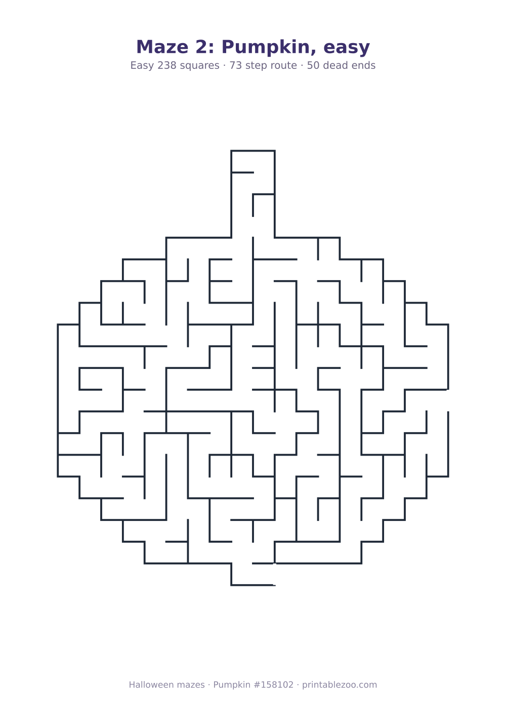 Printable pumpkin shaped maze, 238 squares and 50 dead ends, puzzle 158102