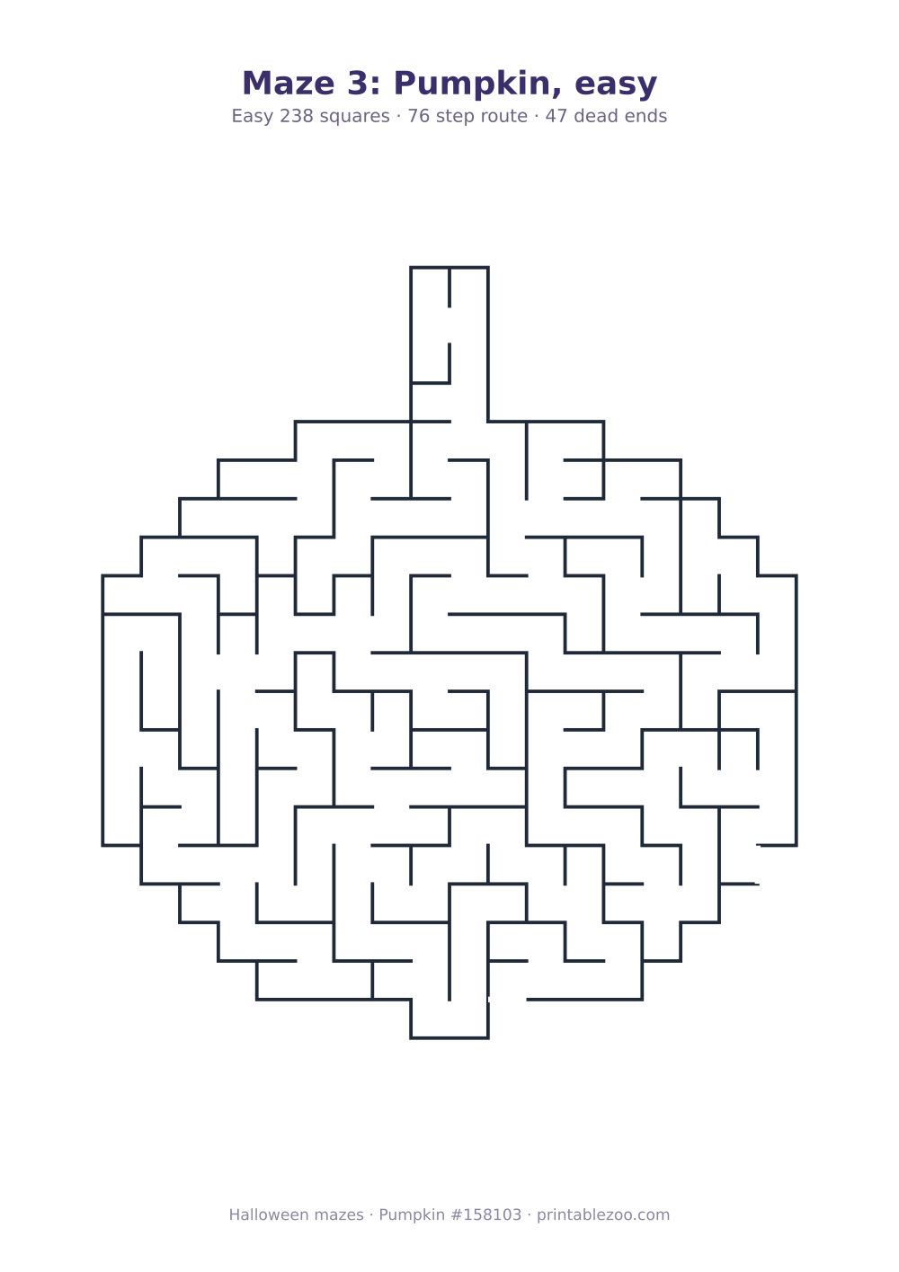 Printable pumpkin shaped maze, 238 squares and 47 dead ends, puzzle 158103