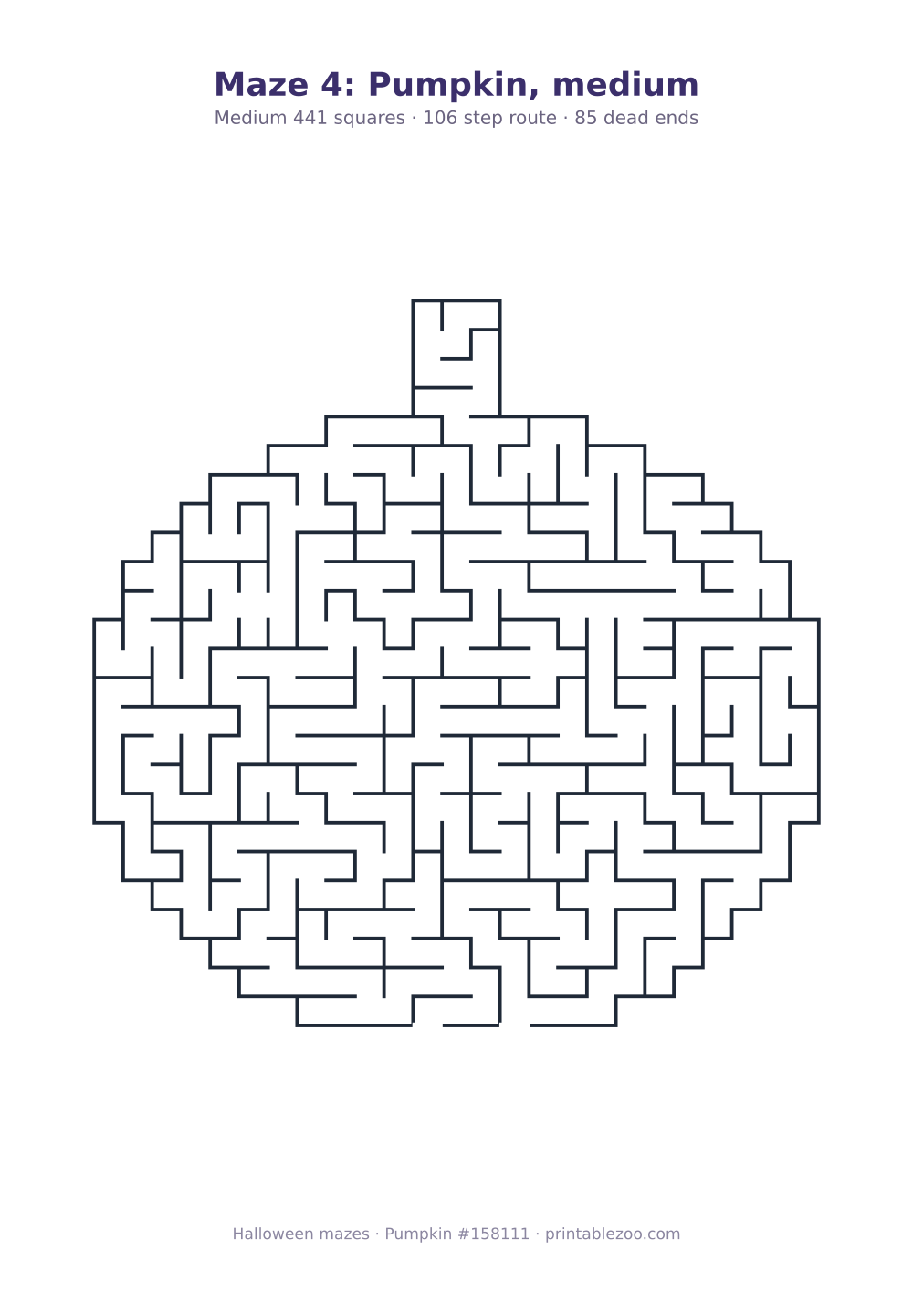 Printable pumpkin shaped maze, 441 squares and 85 dead ends, puzzle 158111