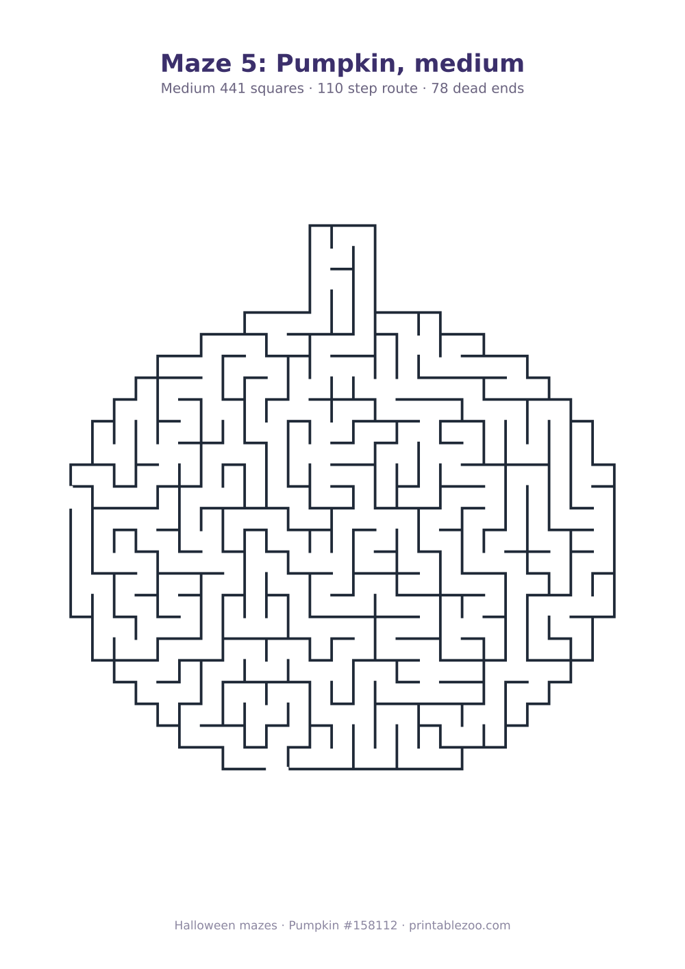 Printable pumpkin shaped maze, 441 squares and 78 dead ends, puzzle 158112