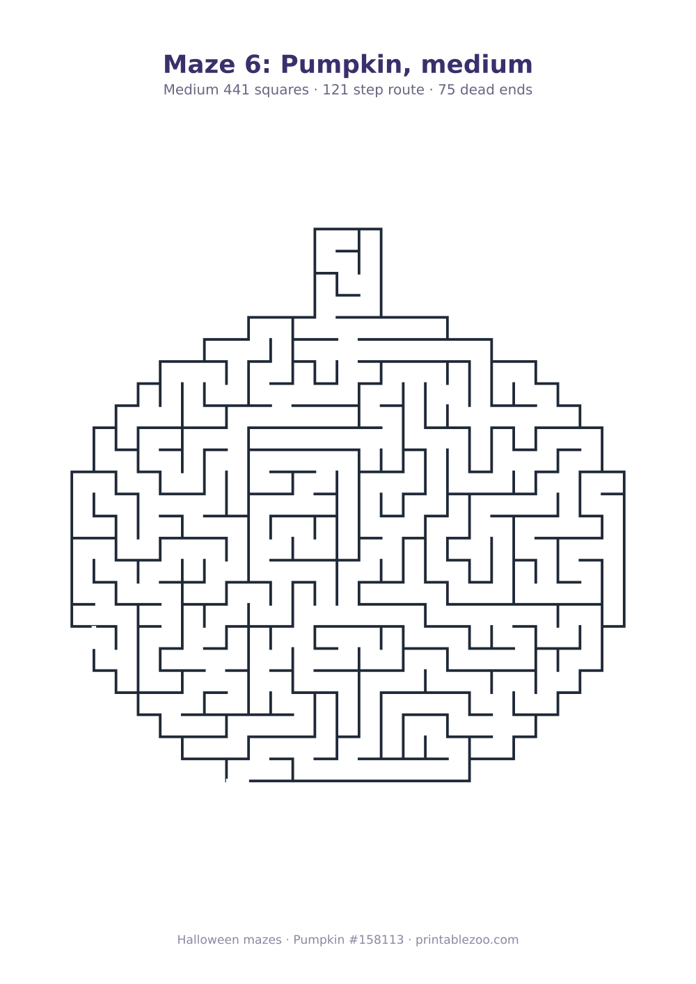 Printable pumpkin shaped maze, 441 squares and 75 dead ends, puzzle 158113
