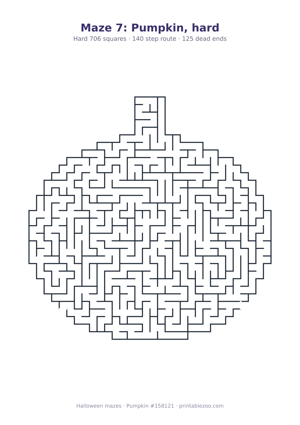 Printable pumpkin shaped maze, 706 squares and 125 dead ends, puzzle 158121