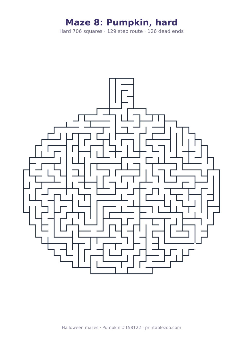 Printable pumpkin shaped maze, 706 squares and 126 dead ends, puzzle 158122