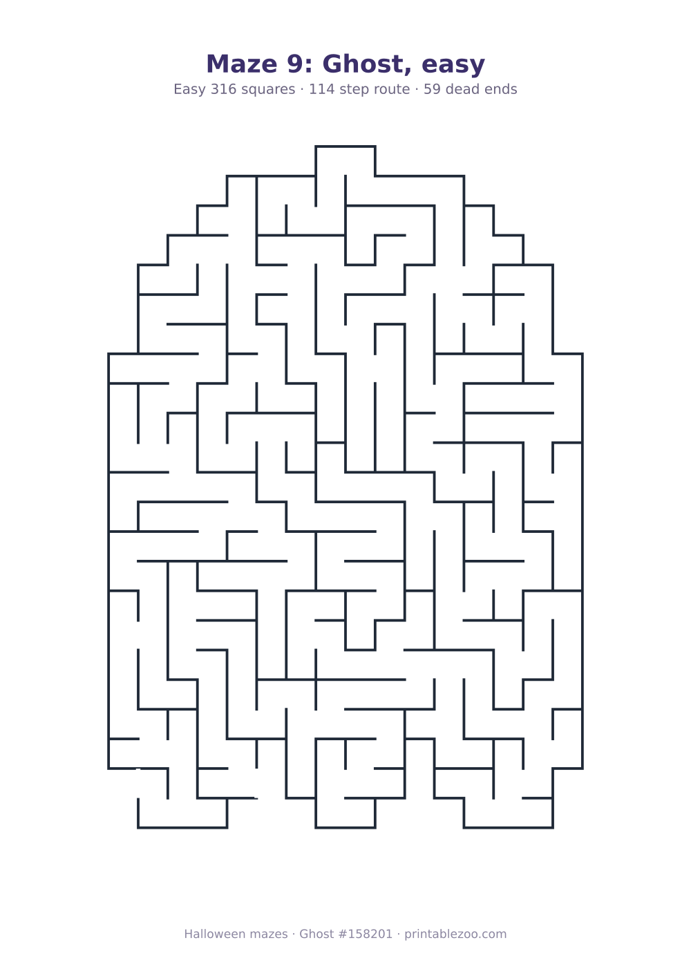 Printable ghost shaped maze, 316 squares and 59 dead ends, puzzle 158201