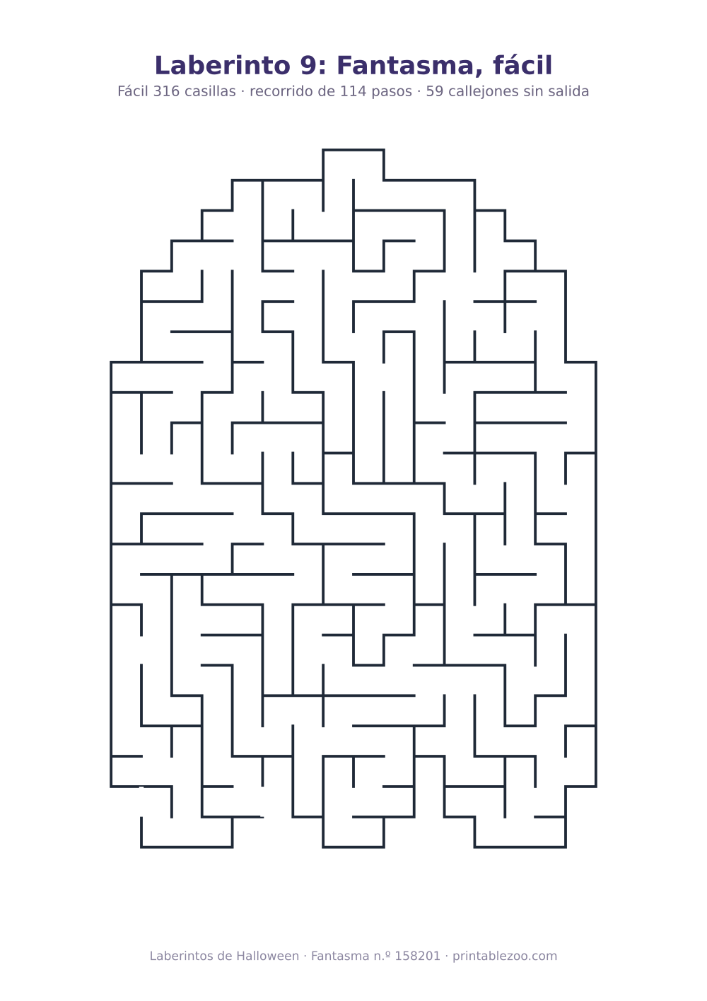 Laberinto para imprimir con forma de fantasma, 316 casillas y 59 callejones sin salida, pasatiempo 158201