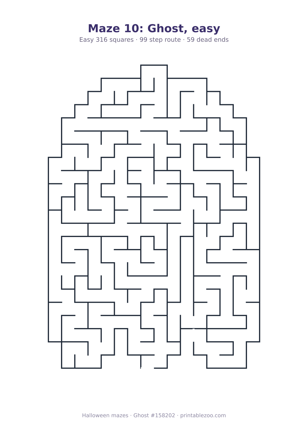 Printable ghost shaped maze, 316 squares and 59 dead ends, puzzle 158202