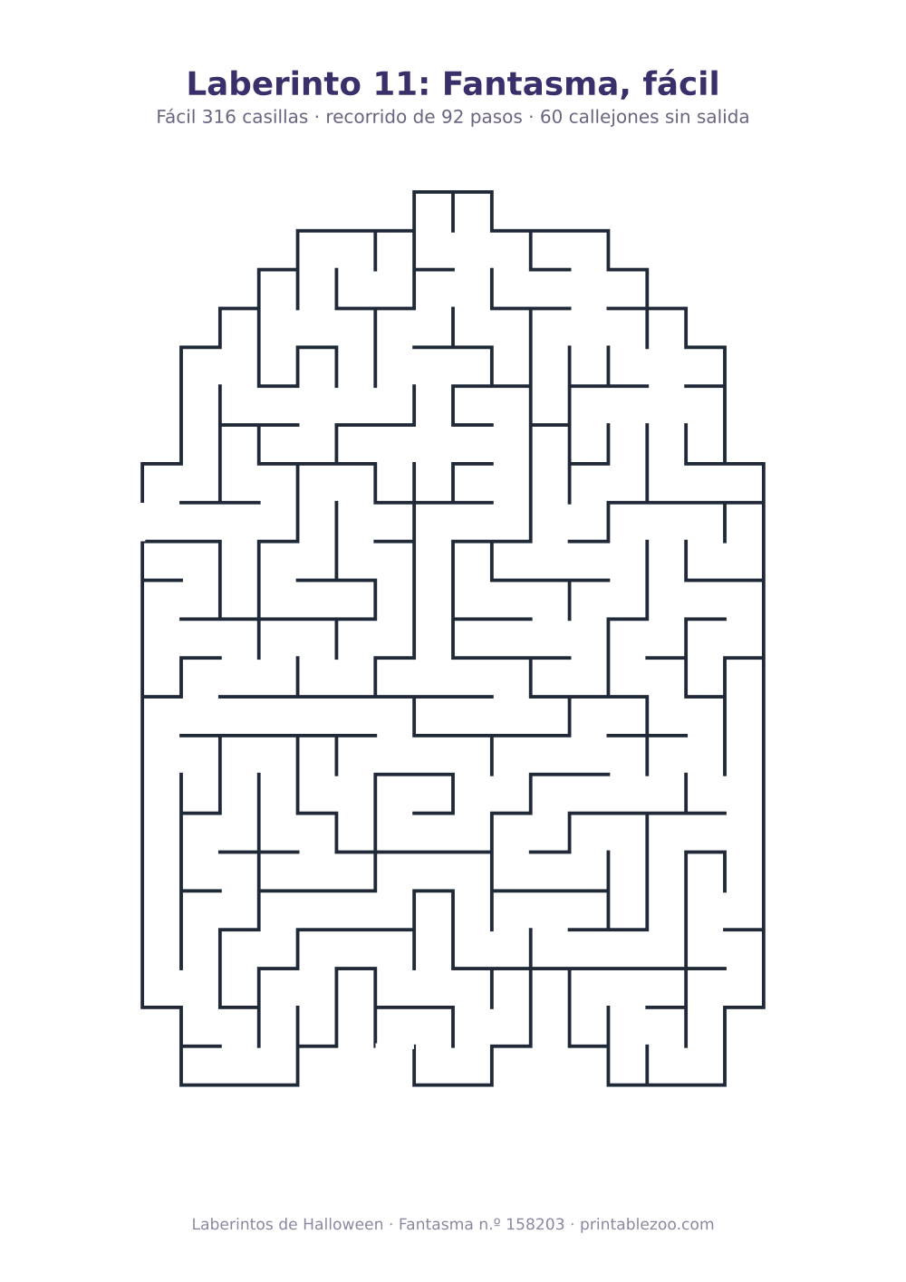 Laberinto para imprimir con forma de fantasma, 316 casillas y 60 callejones sin salida, pasatiempo 158203