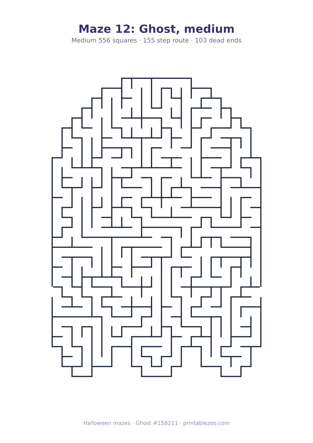 Printable ghost shaped maze, 556 squares and 103 dead ends, puzzle 158211