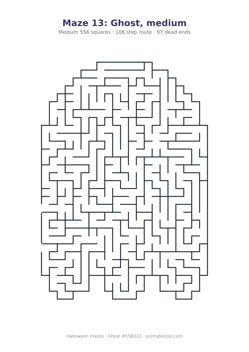 Printable ghost shaped maze, 556 squares and 97 dead ends, puzzle 158212