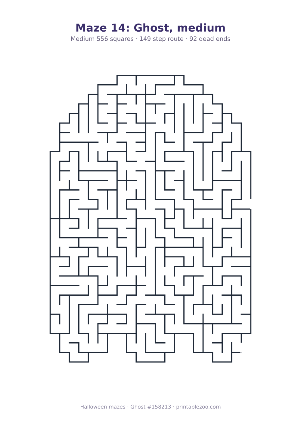 Printable ghost shaped maze, 556 squares and 92 dead ends, puzzle 158213