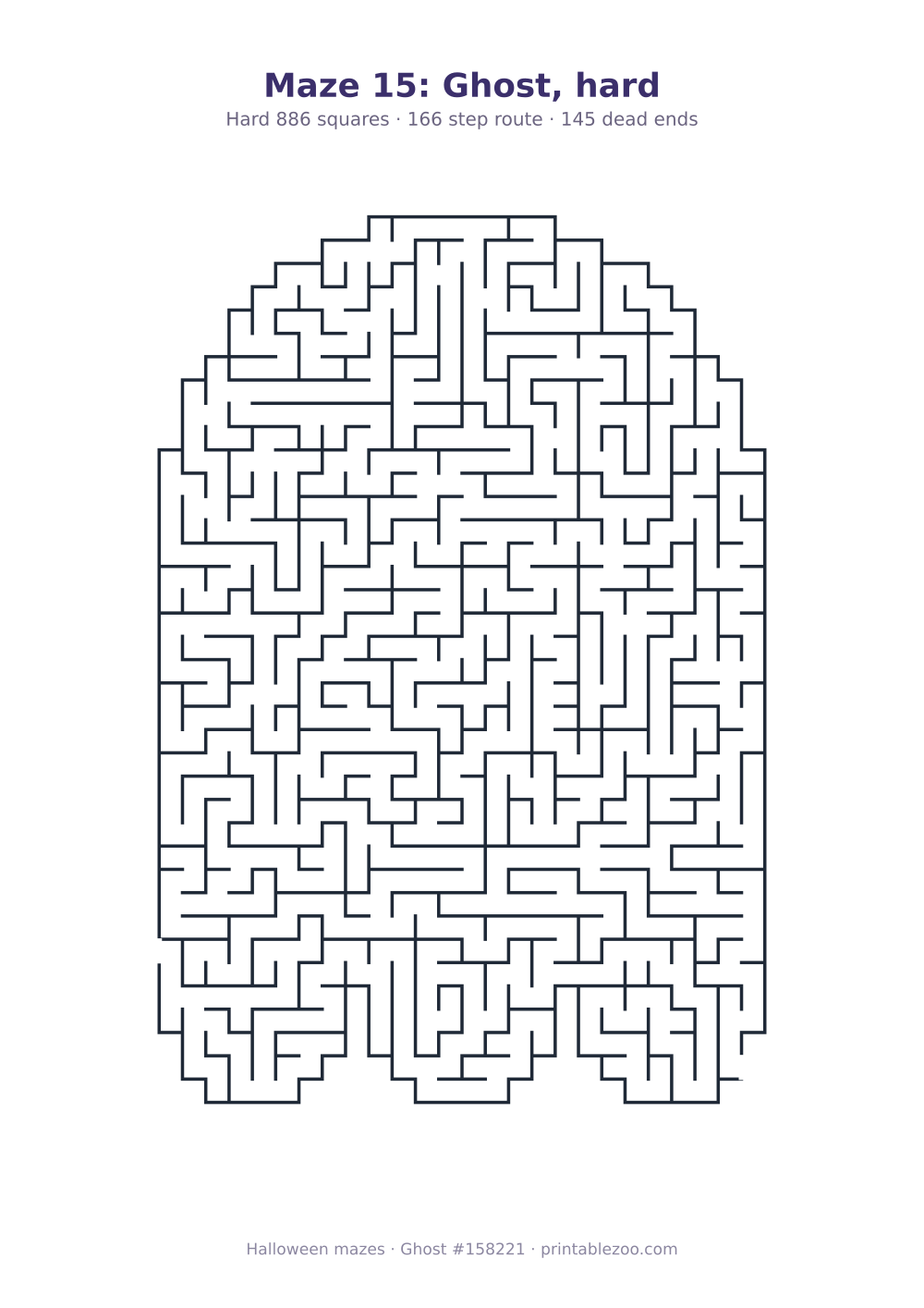 Printable ghost shaped maze, 886 squares and 145 dead ends, puzzle 158221