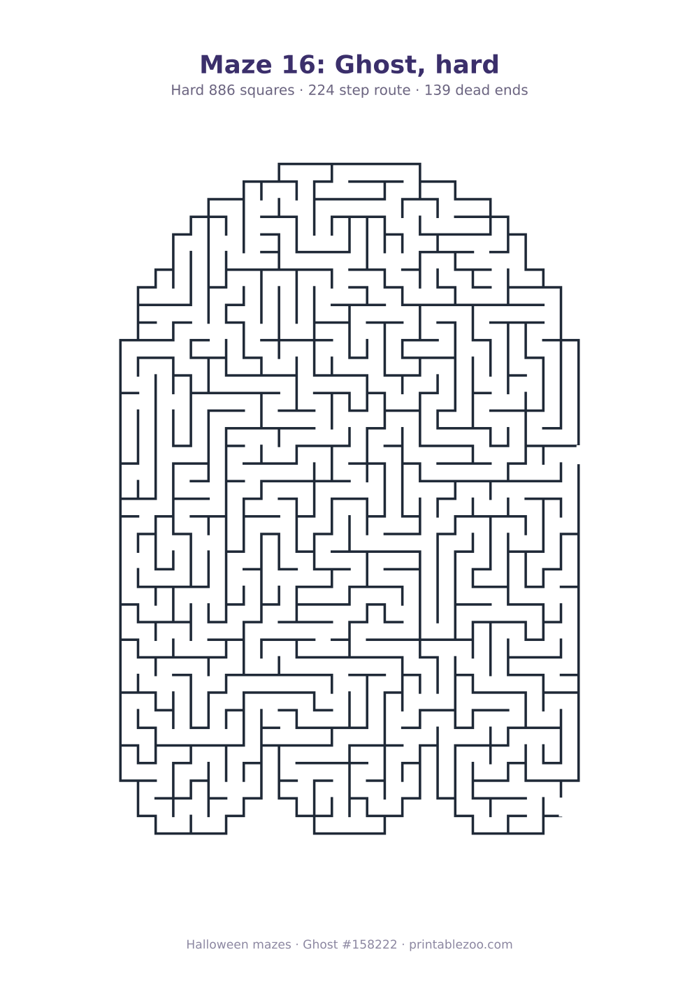 Printable ghost shaped maze, 886 squares and 139 dead ends, puzzle 158222