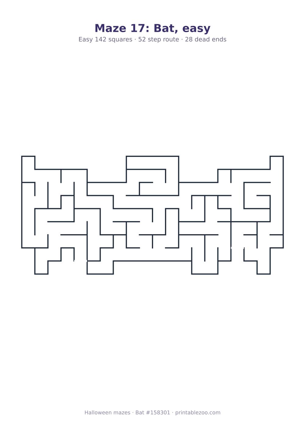 Printable bat shaped maze, 142 squares and 28 dead ends, puzzle 158301