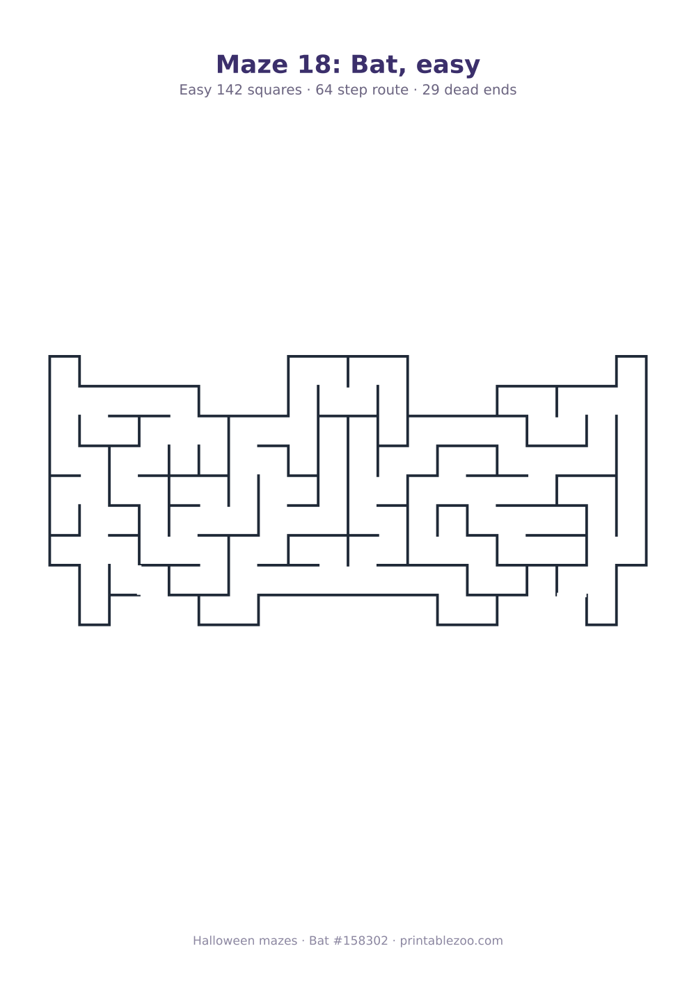 Printable bat shaped maze, 142 squares and 29 dead ends, puzzle 158302