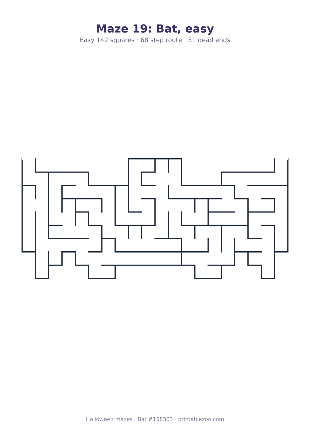 Printable bat shaped maze, 142 squares and 31 dead ends, puzzle 158303