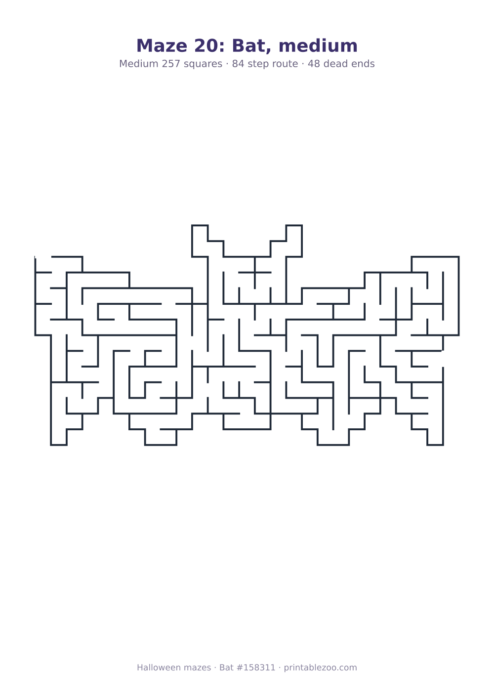 Printable bat shaped maze, 257 squares and 48 dead ends, puzzle 158311