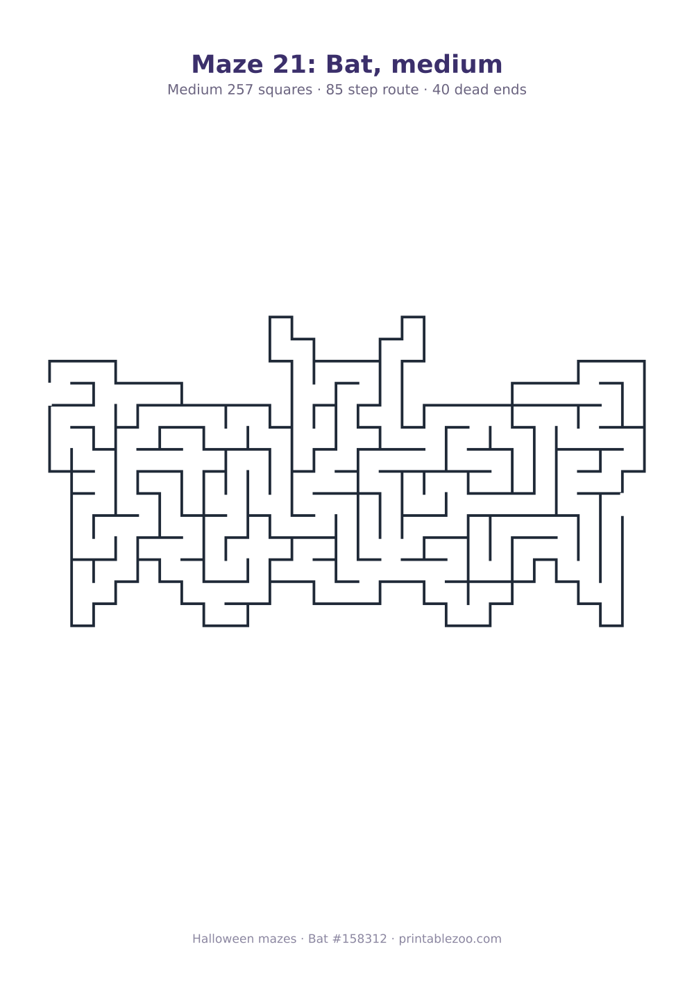 Printable bat shaped maze, 257 squares and 40 dead ends, puzzle 158312