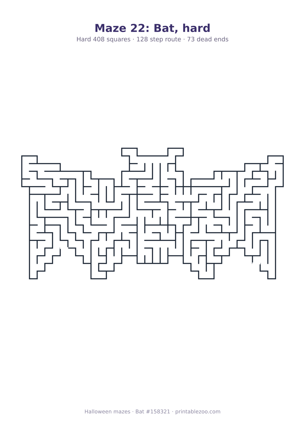Printable bat shaped maze, 408 squares and 73 dead ends, puzzle 158321