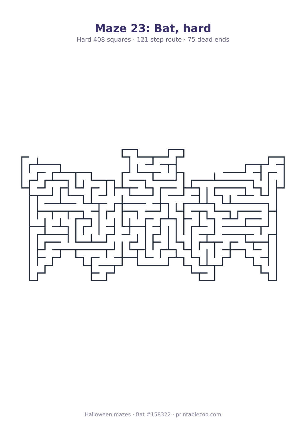Printable bat shaped maze, 408 squares and 75 dead ends, puzzle 158322