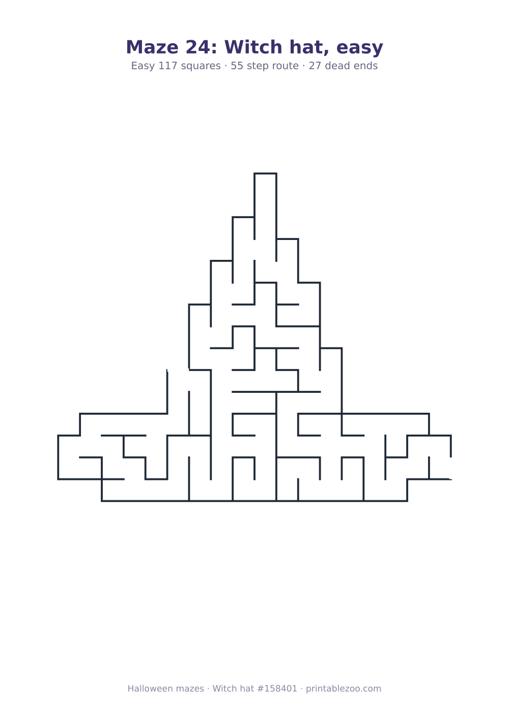 Printable witch hat shaped maze, 117 squares and 27 dead ends, puzzle 158401