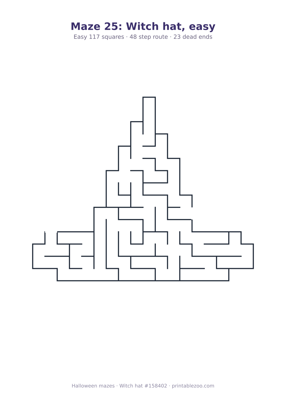 Printable witch hat shaped maze, 117 squares and 23 dead ends, puzzle 158402