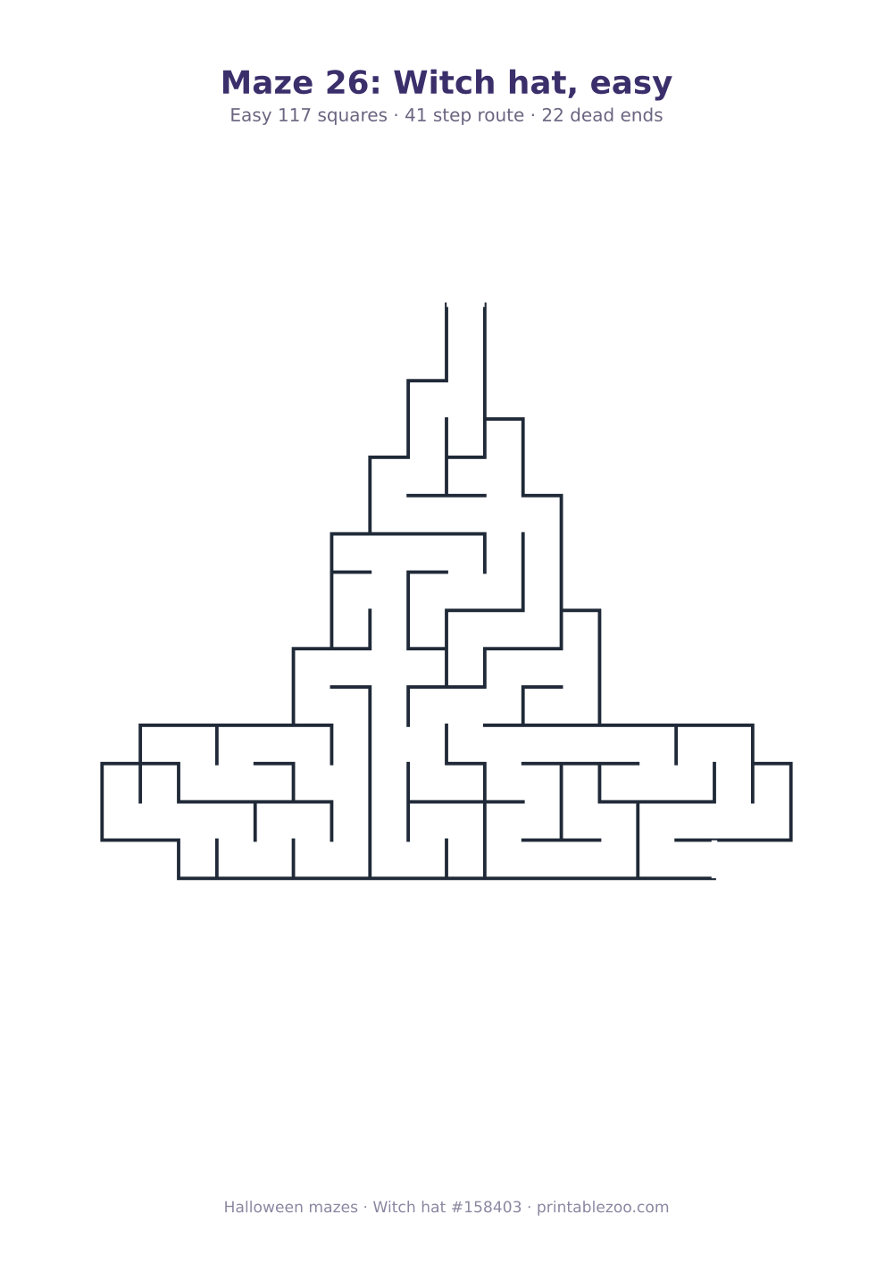 Printable witch hat shaped maze, 117 squares and 22 dead ends, puzzle 158403