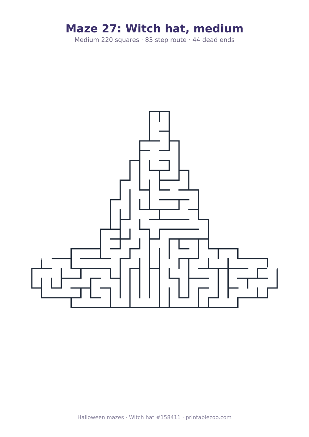 Printable witch hat shaped maze, 220 squares and 44 dead ends, puzzle 158411