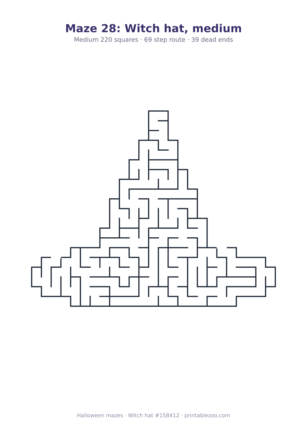 Printable witch hat shaped maze, 220 squares and 39 dead ends, puzzle 158412