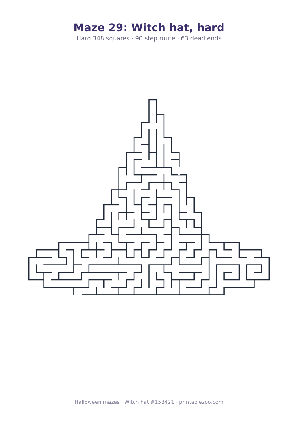 Printable witch hat shaped maze, 348 squares and 63 dead ends, puzzle 158421