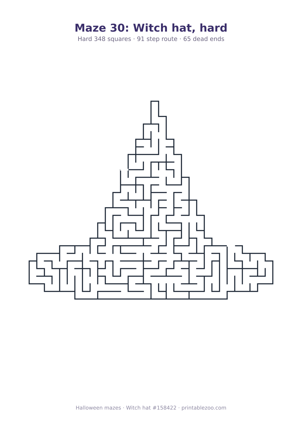 Printable witch hat shaped maze, 348 squares and 65 dead ends, puzzle 158422