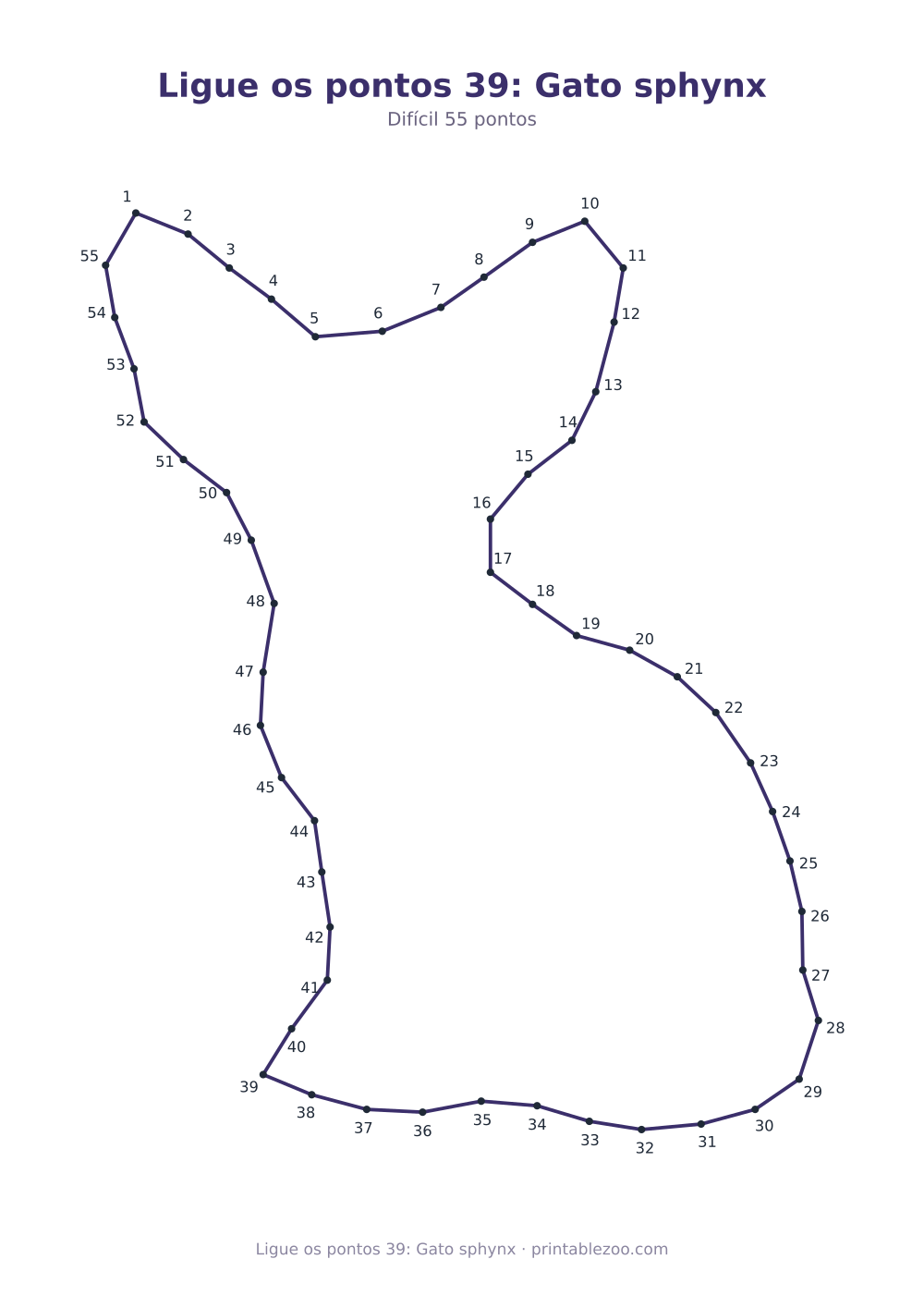 Prévia pronta para imprimir: Ligue os pontos 39: Gato sphynx, catálogo nº 167109 Passatempo nº 167109.