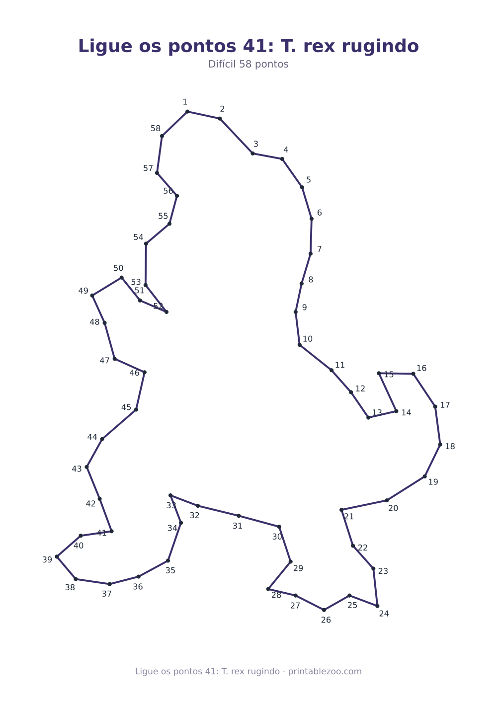 Prévia pronta para imprimir: Ligue os pontos 41: T. rex rugindo, catálogo nº 167111 Passatempo nº 167111.