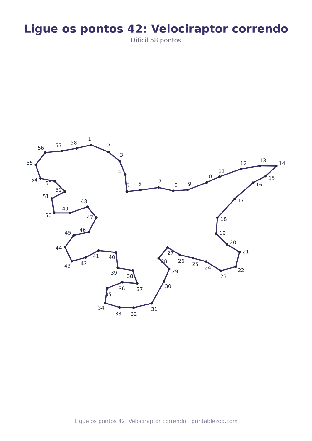 Prévia pronta para imprimir: Ligue os pontos 42: Velociraptor correndo, catálogo nº 167112 Passatempo nº 167112.