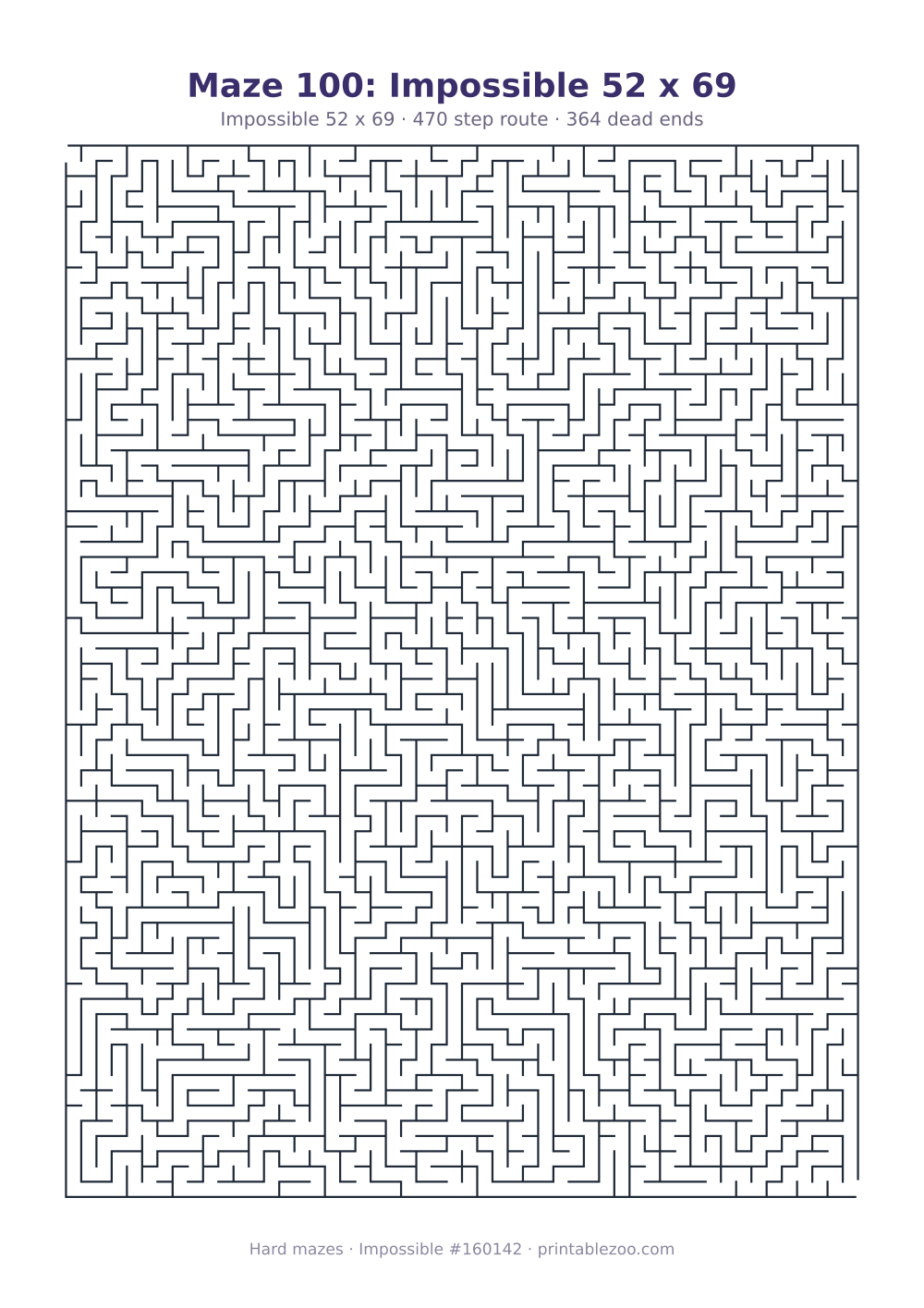 Printable impossible maze, 52x69 squares, 364 dead ends and a 470 step route Puzzle #160142.